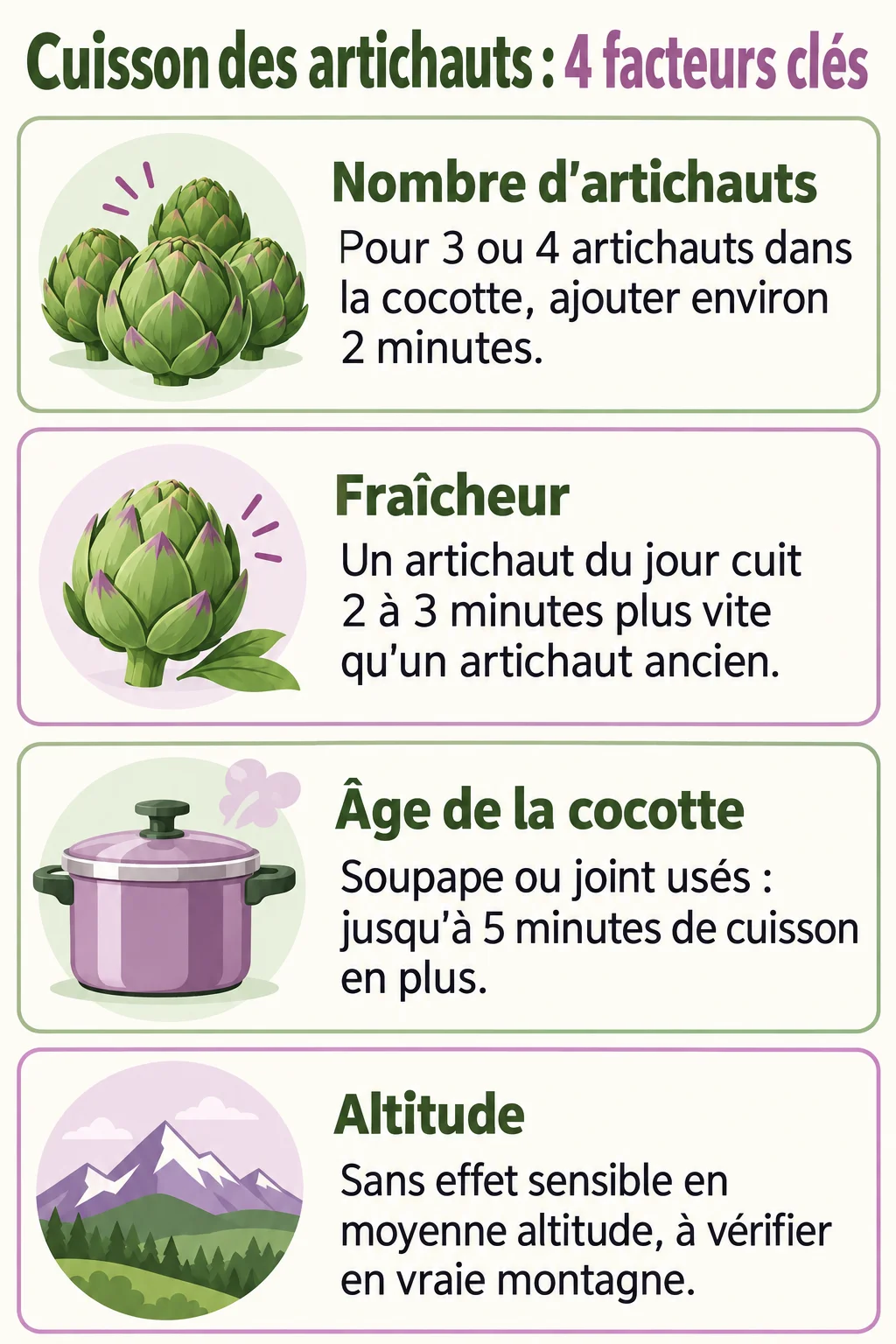 Cuisson des artichauts : 4 facteurs clés : Nombre d'artichauts, Fraîcheur, Âge de la cocotte, Altitude