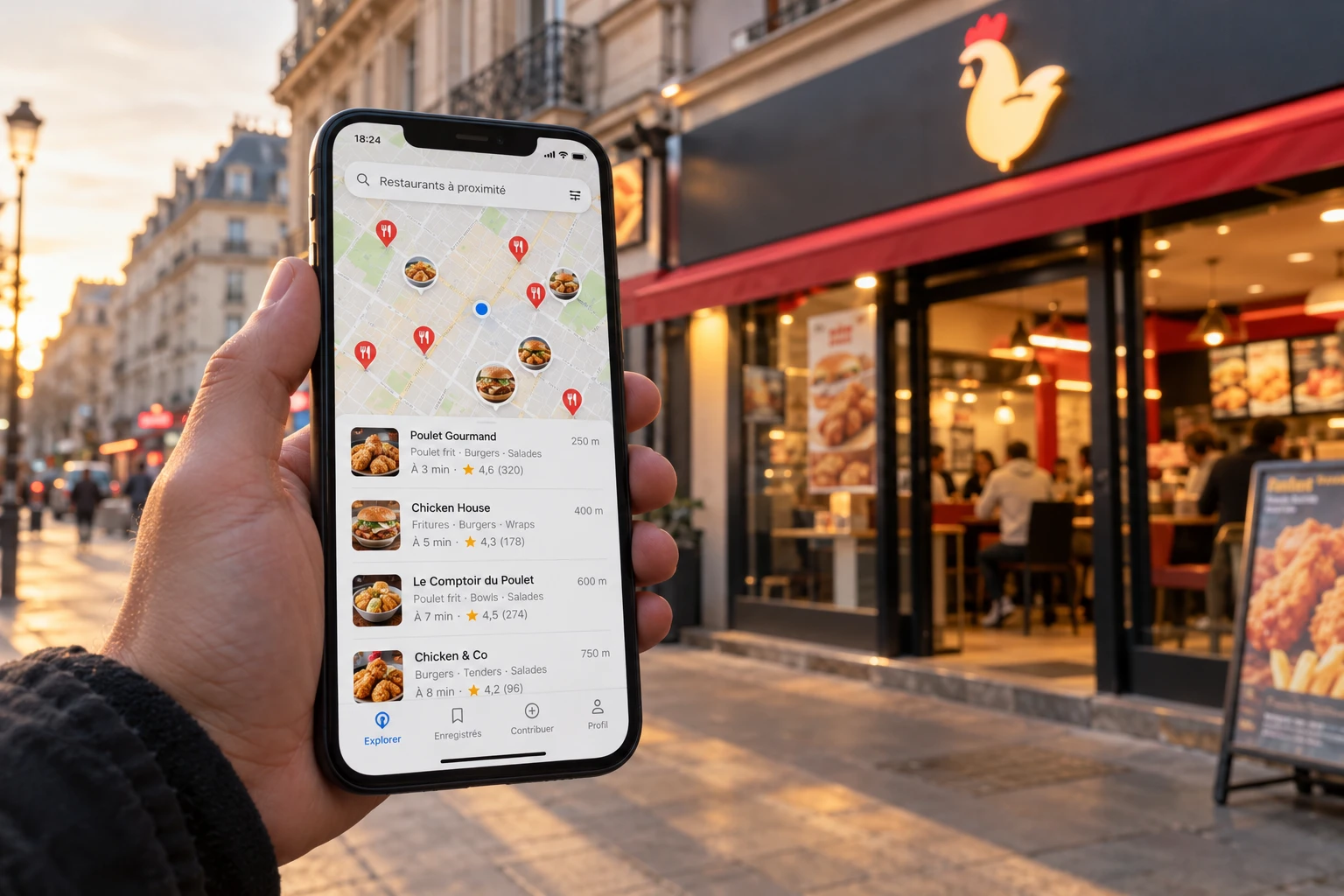 Personne consultant un localisateur de restaurants sur smartphone devant un fast-food de poulet frit en France