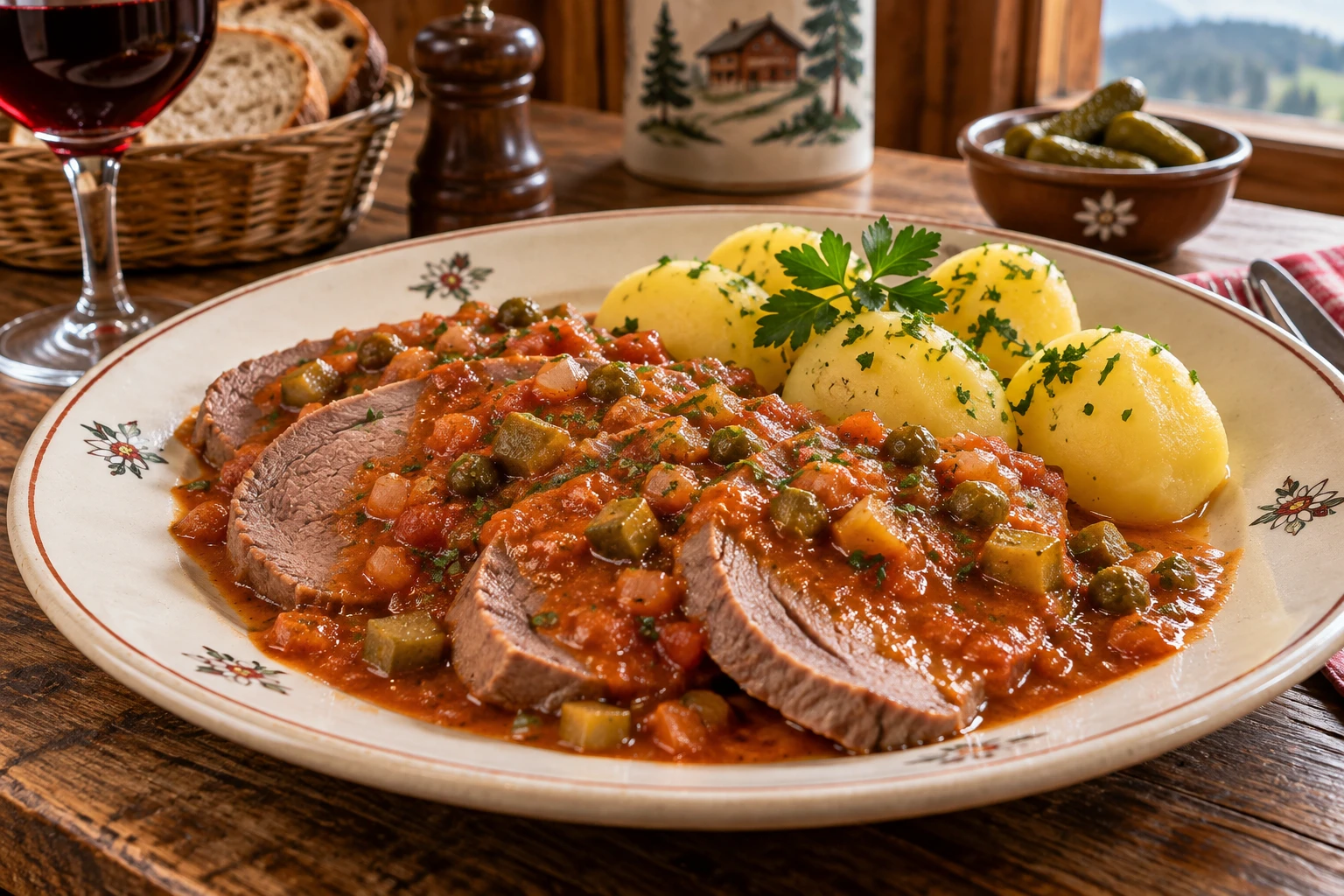 Tranches de langue de bœuf nappées de sauce piquante aux cornichons avec pommes de terre vapeur