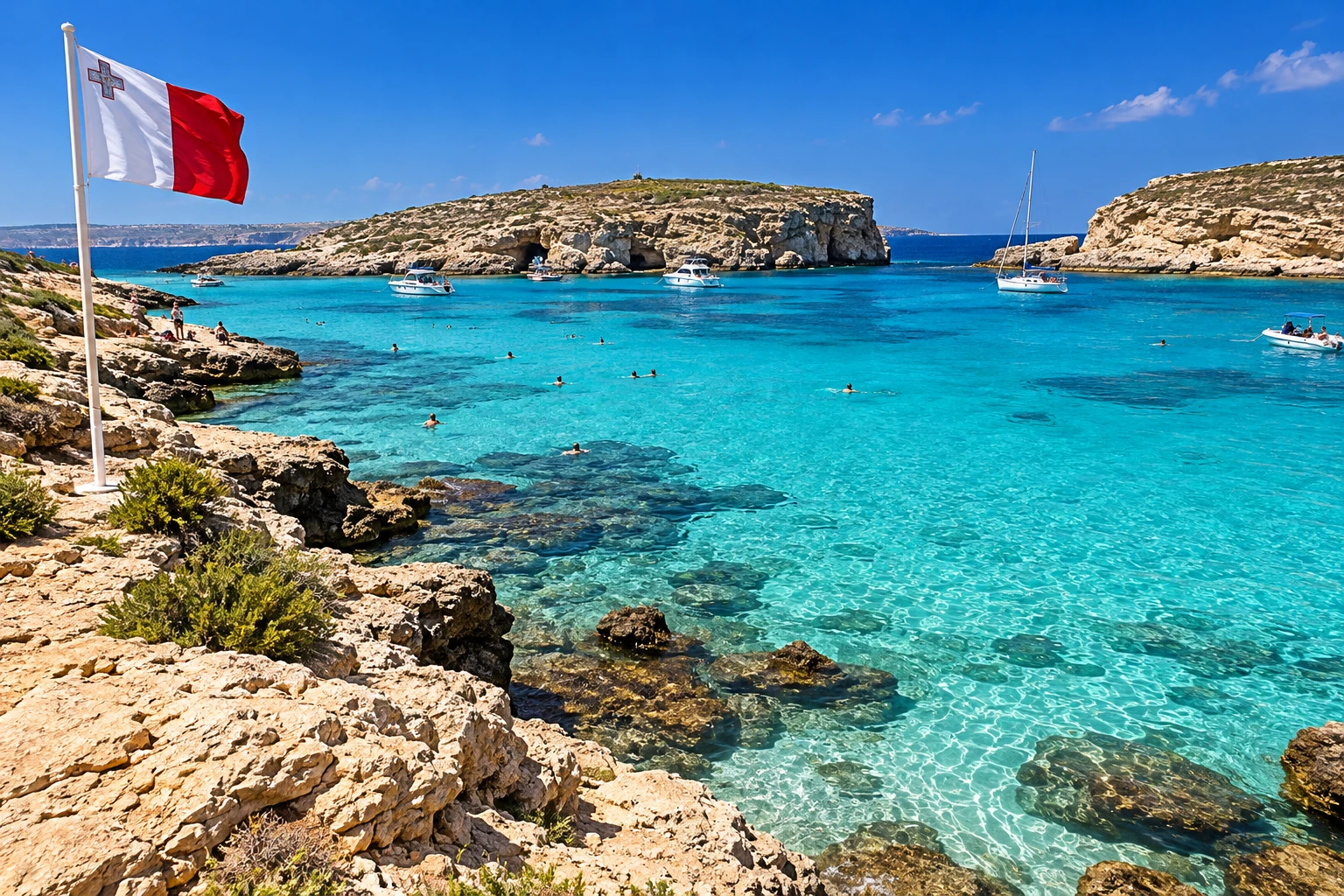 Eau turquoise du Blue Lagoon à Malte avec un drapeau de plage au premier plan sous un ciel dégagé