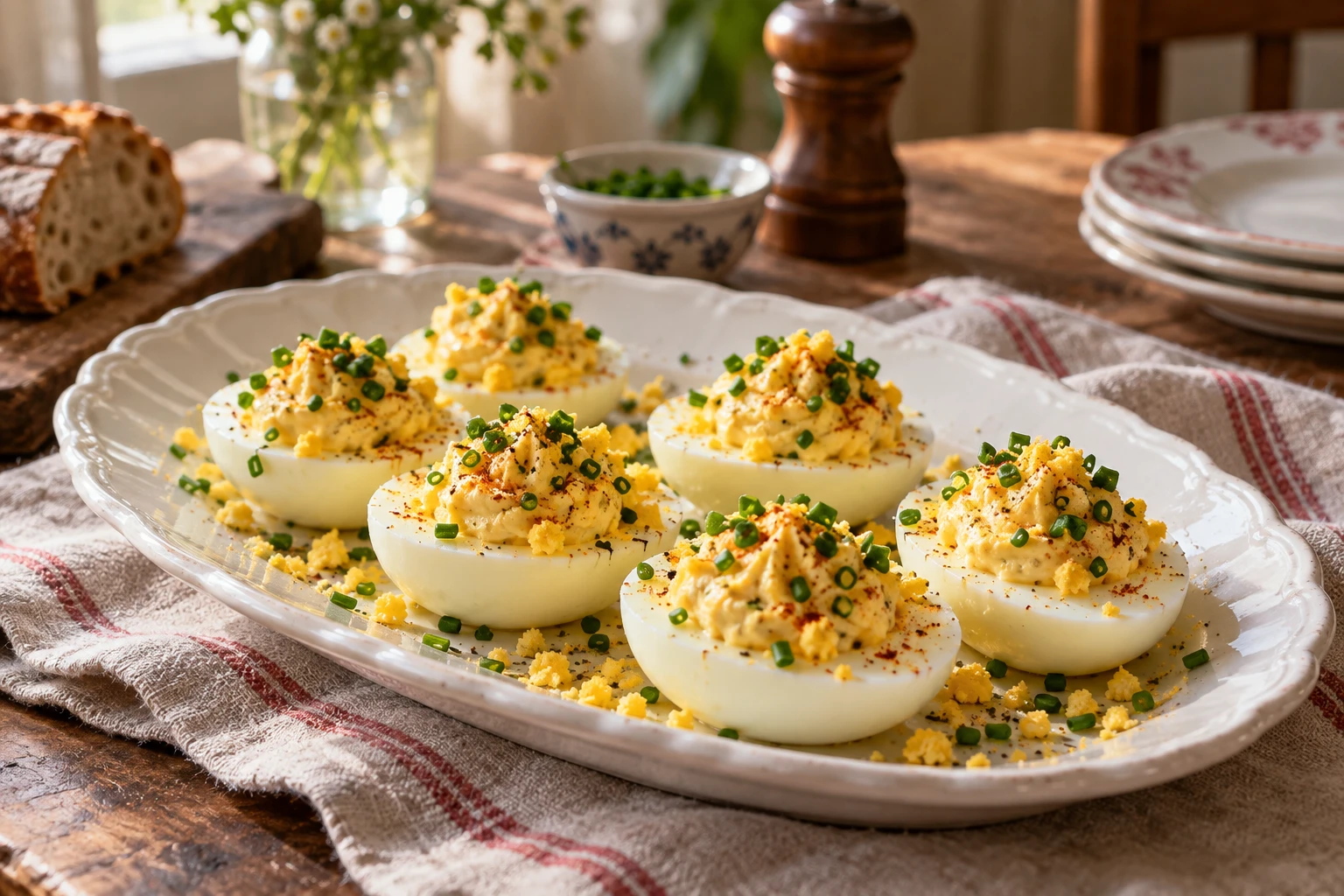 Plat d'oeufs mimosa farcis, saupoudrés de jaune émietté et de ciboulette, sur une table en bois