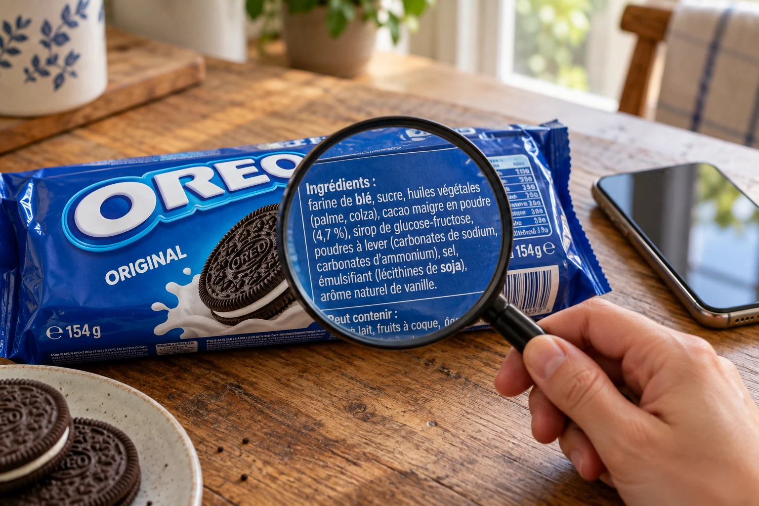 Paquet d'Oreo sur une table avec une loupe sur la liste des ingrédients