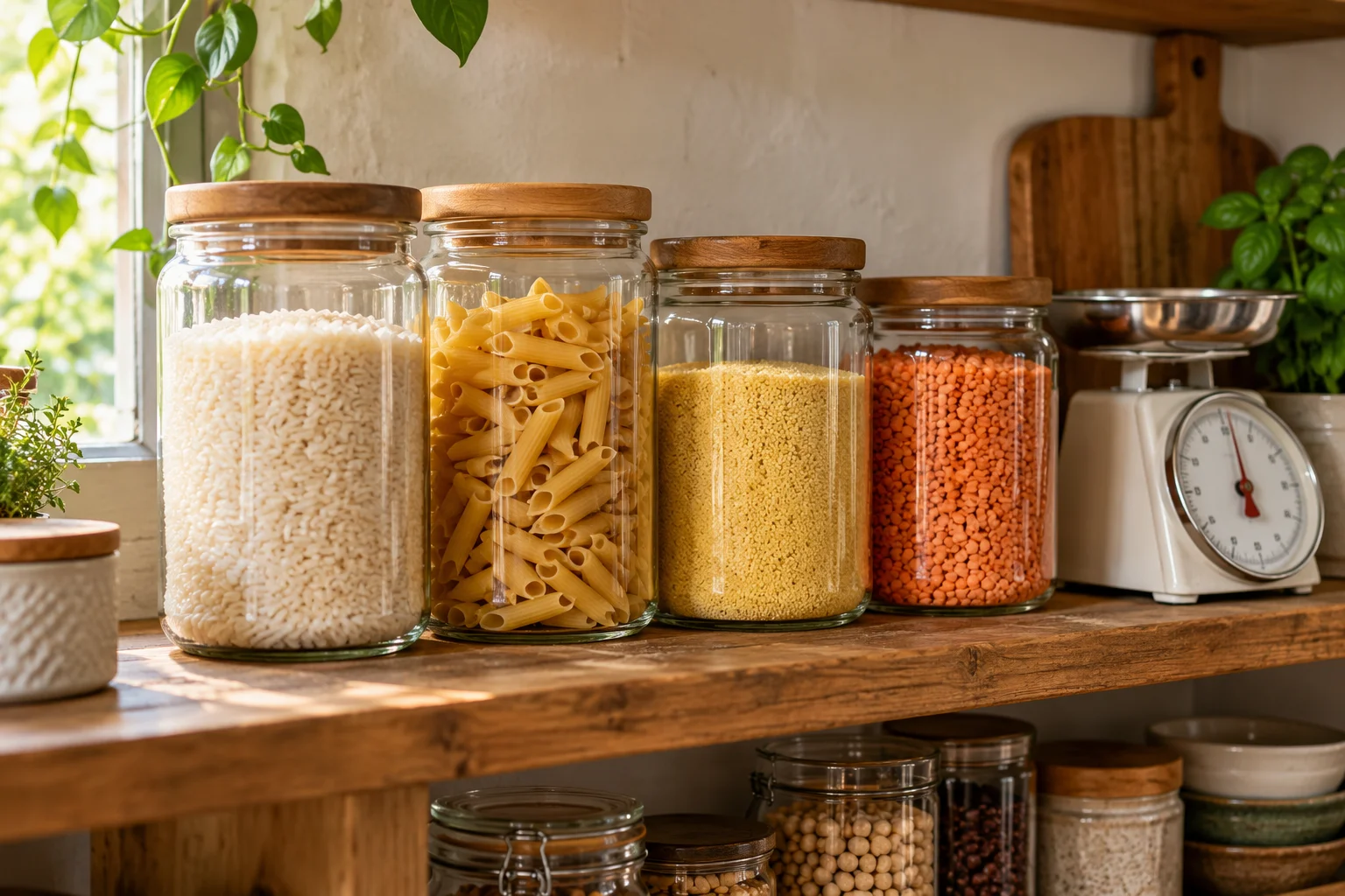Des bocaux de riz, de pâtes et de lentilles sur une étagère de cuisine