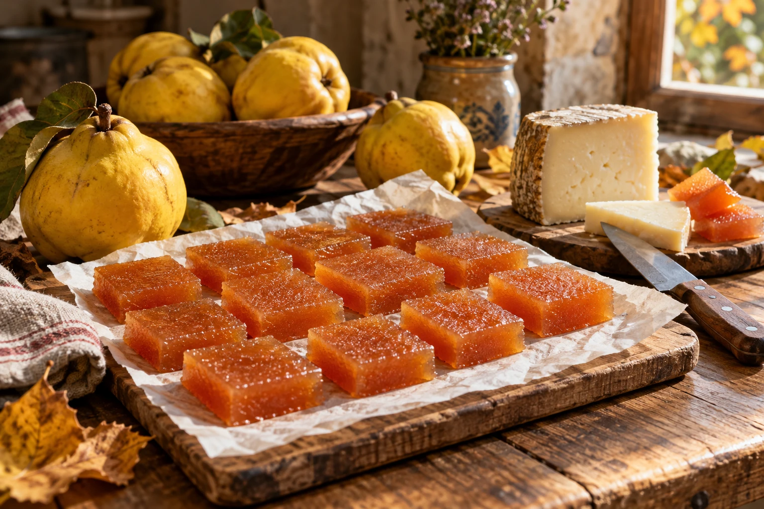 Carrés de pâte de coing maison sur papier sulfurisé avec coings et fromage de brebis sur une table en bois