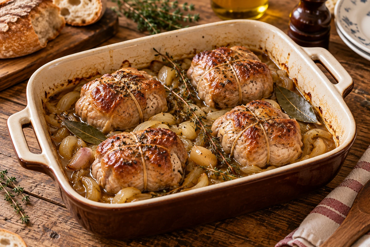 Plat de paupiettes de porc dorées au four avec oignons et thym sur une table en bois
