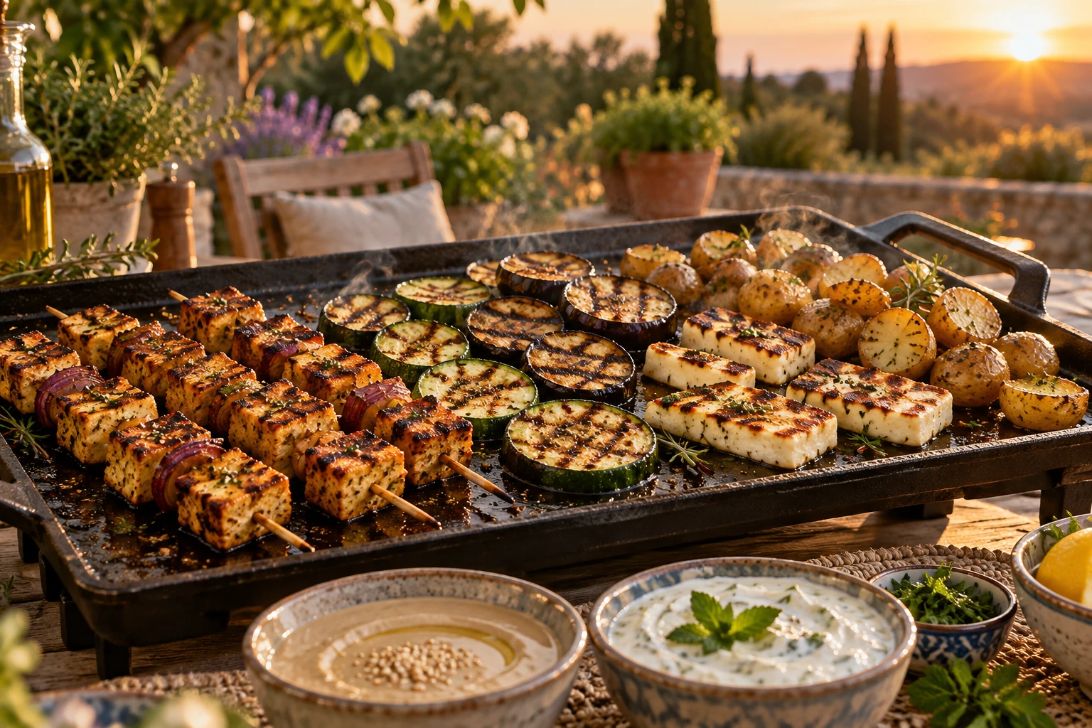 Plancha garnie de légumes grillés, brochettes de tofu, halloumi et grenailles sur une table de jardin