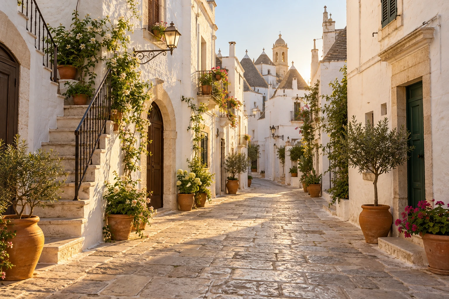 Ruelle blanche déserte de Locorotondo dans les Pouilles au lever du jour