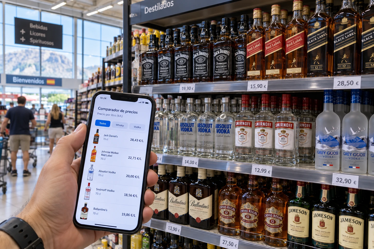 Rayon de spiritueux d'un supermarché à La Jonquera avec étiquettes de prix au litre et smartphone pour comparer