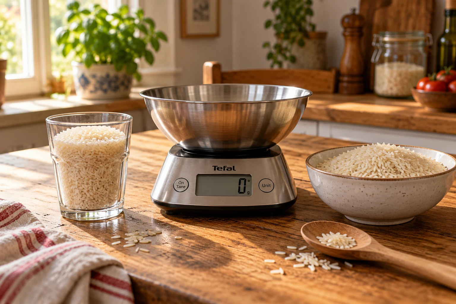 Verre doseur rempli de riz cru, balance de cuisine et bol de riz sur une table en bois