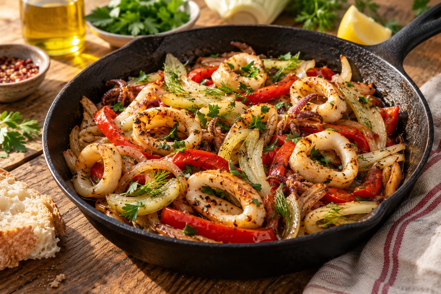 Poêlée d'encornets aux poivrons, oignons et fenouil servie dans une poêle en fonte sur une table en bois
