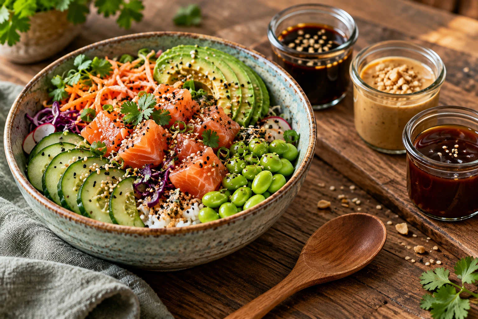 Poke bowl au saumon accompagné de trois bocaux de sauces maison sur une table en bois