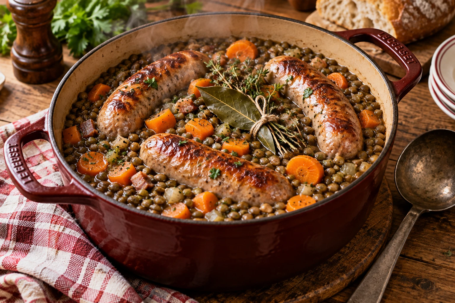Cocotte de saucisses et lentilles vertes mijotées sur une table en bois rustique
