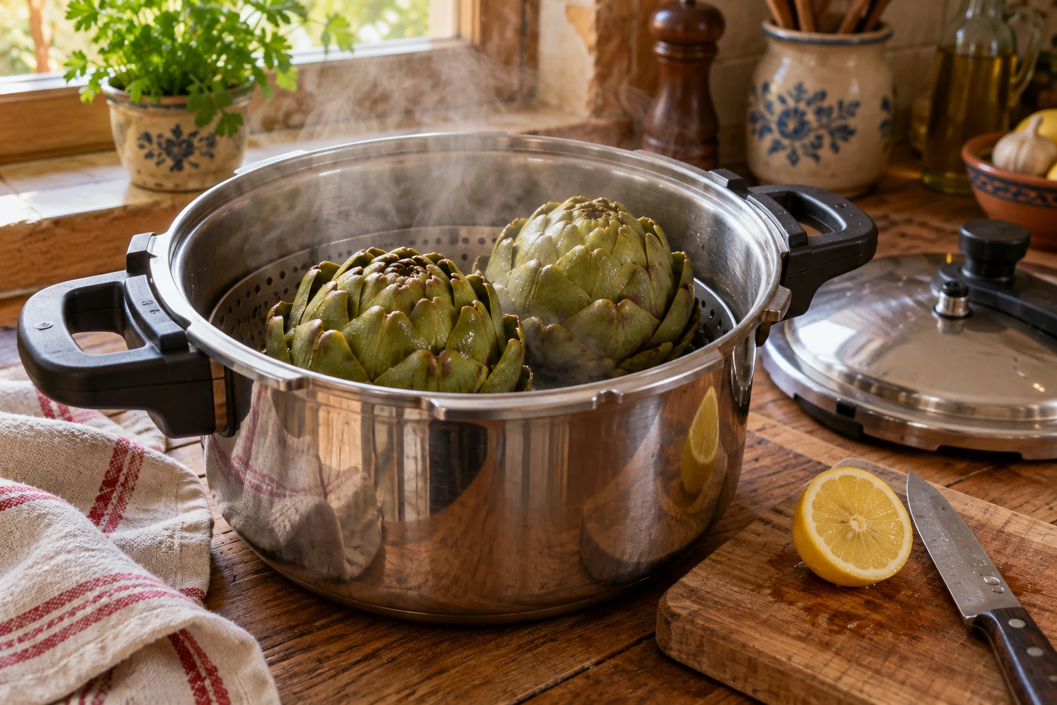 Artichauts moyens cuits à la vapeur dans le panier d'une cocotte minute, avec citron et couteau sur une planche en bois